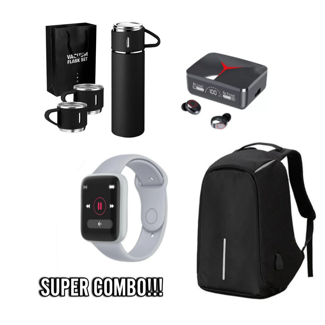 Super  Combo Mochila Antirrobo Grande + Reloj Y68 + Termo Vacumm + Audifonos M90