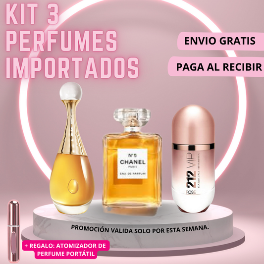 🚨¡Últimas unidades disponibles!🚨 PROMOCIÓN KIT 3 PERFUMES IMPORTADOS - J'ADORE DIOR | CHANEL 5 | 212 VIP ROSE + REGALO (100ML CADA UNO)